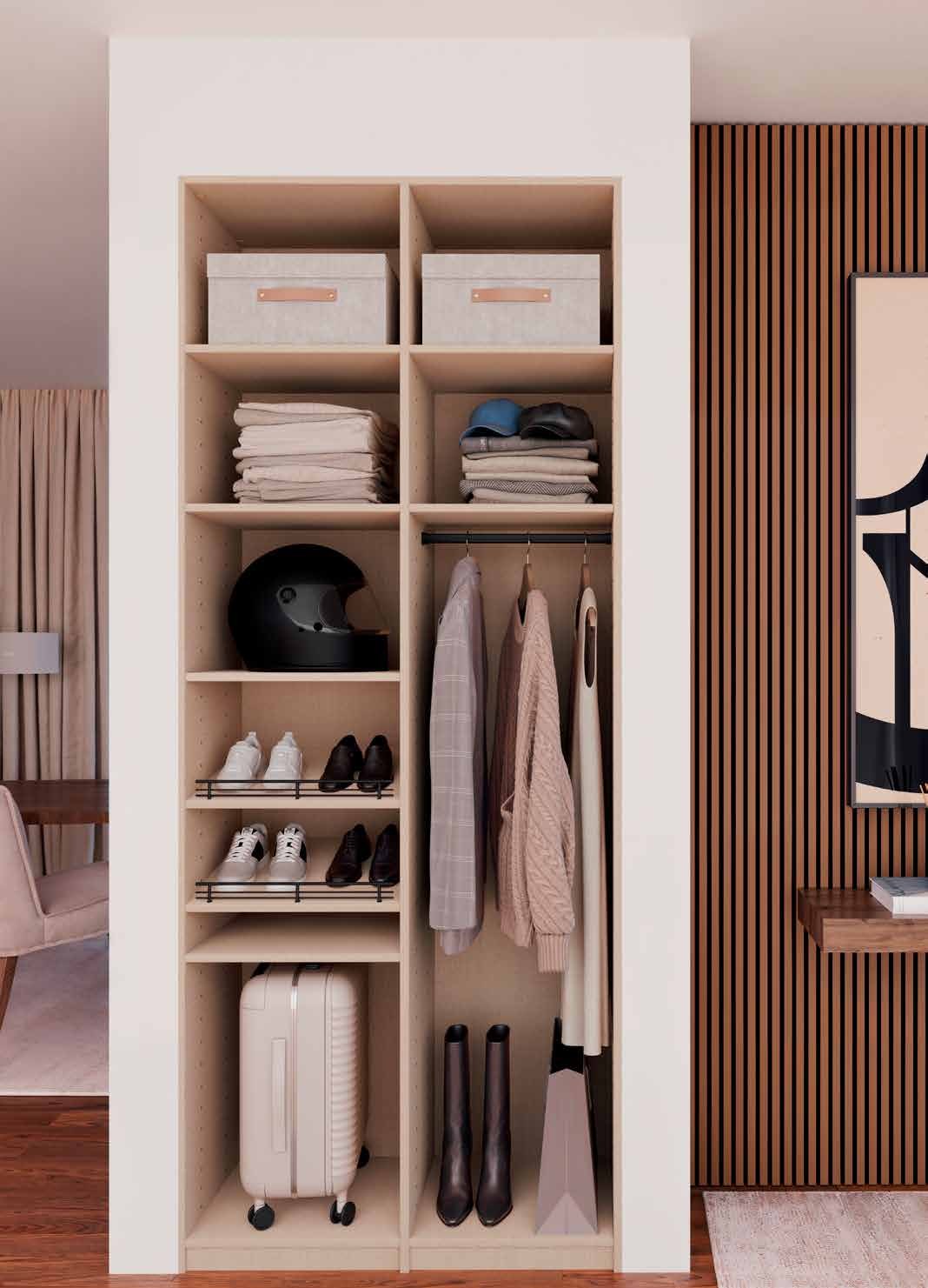 Reach-in closet module with shoe shelves and hanging