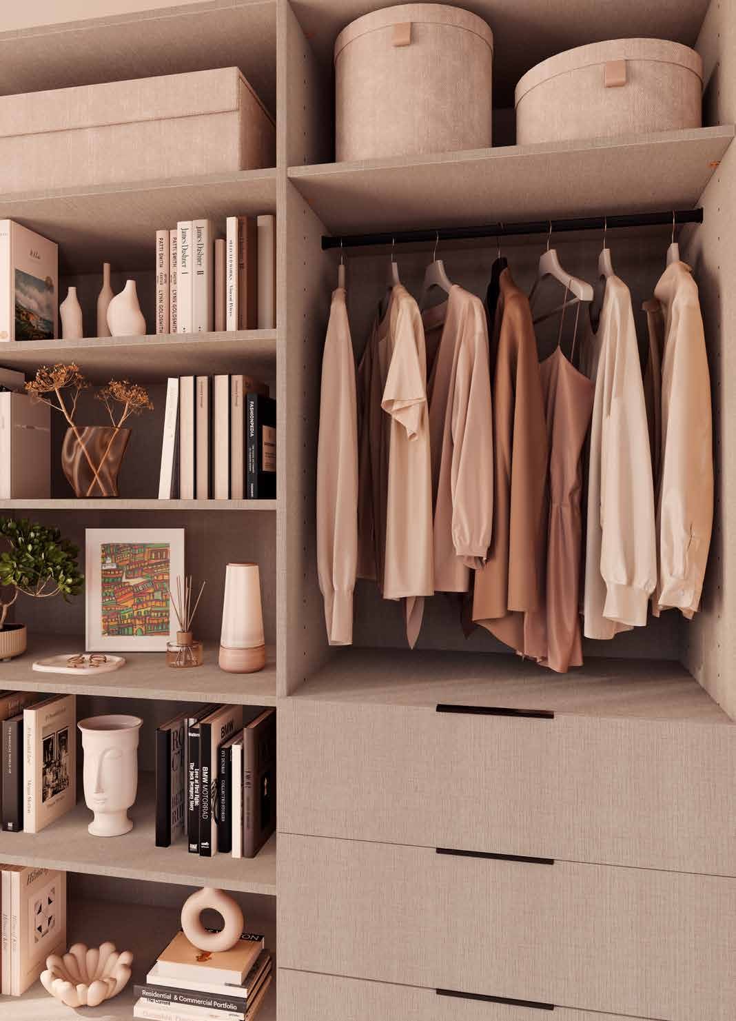 Closet run with drawers and open shelving